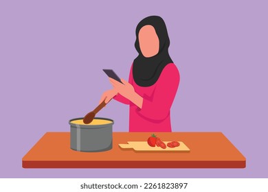 Cartoon flat style drawing beauty wife cooking while looking at tutorial on smartphone. Arab woman learn to cook with modern technology. Prepare delicious meal food. Graphic design vector illustration