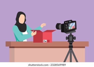 Cartoon flat style drawing beauty Arabic female show unboxing received package in live at home. Beautiful woman vlogger unboxing product, recording review on camera. Graphic design vector illustration