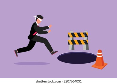 Cartoon Flat Style Drawing Blindfolded Young Businessman Running To Find Money With Pit Hole. Male Manager Runs To Business Trap. Blind Investment Metaphor Concept. Graphic Design Vector Illustration