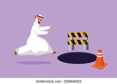 Cartoon Flat Style Drawing Blindfolded Young Businessman Running To Find Money With Pit Hole. Arabian Male Manager Runs To Business Trap. Blind Investment Metaphor. Graphic Design Vector Illustration