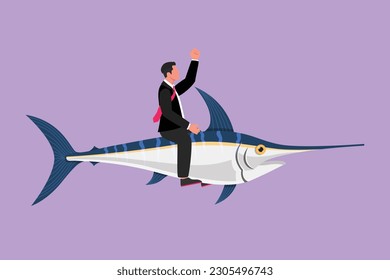 Cartoon flat style drawing of brave businessman riding huge dangerous marlin fish. Professional entrepreneur character fight with beast predator. Business metaphor. Graphic design vector illustration