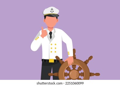 Cartoon flachen Stil zeichnen tapferen Seemann Mann mit Daumen up Geste bereit zu segeln über Meer in einem Schiff, das von Kapitän geleitet wird. Männlicher Segler, der über den Ozean reist. Grafikdesign, Vektorgrafik