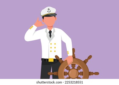 Cartoon flat style drawing bravery sailor man with call me gesture ready to sail across seas in ship that is headed by captain. Male sailor traveling across ocean. Graphic design vector illustration