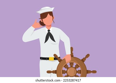 Cartoon flachen Stil Zeichnung tapferen Seeleute mit Anruf mich Geste bereit, um über See zu segeln in einem Schiff, das von Kapitän geleitet wird. Weibliche Seeleute reisen über den Ozean. Grafikdesign, Vektorgrafik