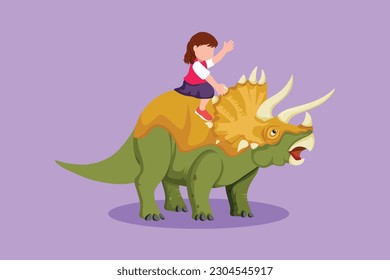 Cartoon flat style drawing bravery little girl caveman riding triceratops. Adorable kids sitting on back of dinosaur. Stone age children playing. Ancient human life. Graphic design vector illustration