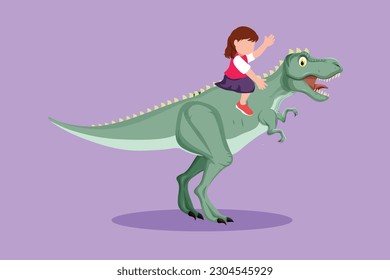 Cartoon flat style drawing bravery little girl caveman riding t-rex tyrannosaurus. Cheerful kids sitting on back of dinosaur. Stone age children. Ancient human life. Graphic design vector illustration
