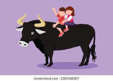 Cartoon flat style drawing bravery little boy   girl riding bull together  Children sitting back bull and saddle in cowboy ranch  Kids learning to ride bull  Graphic design vector illustration