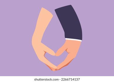 Cartoon flat style drawing bride and groom holding hands making love shape. Bride and groom make vow of loyalty on their wedding day. Happy couple marriage concept. Graphic design vector illustration