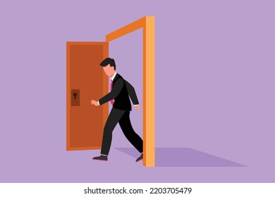 Cartoon flat style drawing businessman walking through an open door frame. New business ventures challenge. Entering new market competition. Career growth concept. Graphic design vector illustration