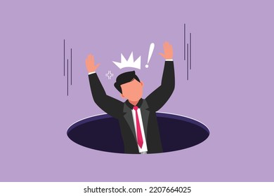 Cartoon flat style drawing businessman fell into manhole underground sewer. Man fell into sewage. Depressed and business failure concept metaphor. Defeated worker. Graphic design vector illustration