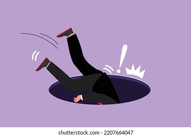 Cartoon flat style drawing businessman falling into pit hole. Legs up. Logo protruding legs from hatch, puddles. Business failure metaphor. Defeated worker concept. Graphic design vector illustration