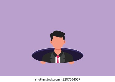 Cartoon flat style drawing businessman emerges from hole. Concept of failure to take advantage of business opportunities. Depressed and business failure. Graphic character design vector illustration