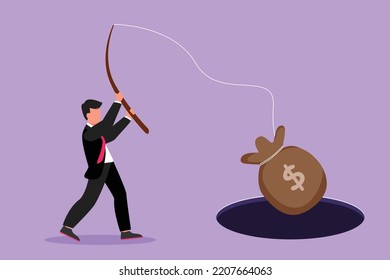 Cartoon flat style drawing of businessman holding fishing rod got big money bag from hole. Man catching money bag with fishing rod. Business idea for making money. Graphic design vector illustration