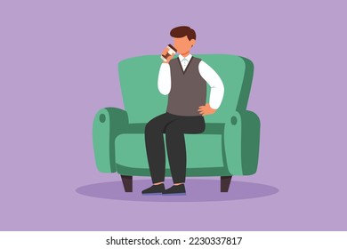Cartoon flat style drawing businessman sitting on the couch and resting, drinking tea. The manager is holding a paper cup of coffee. Enjoying break time at office. Graphic design vector illustration