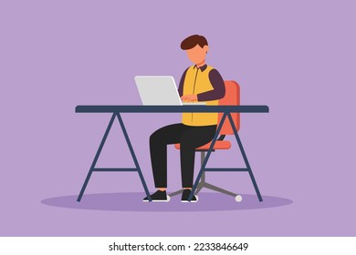 Cartoon flat style drawing businessman working on laptop in office. Success entrepreneur typing on computer keyboard. Manager, worker, boss, financier at workplace. Graphic design vector illustration