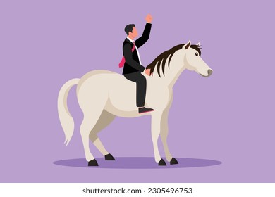 Cartoon flat style drawing of businessman riding horse symbol of success. Business metaphor, looking at the goal, achievement, leadership. Professional entrepreneur. Graphic design vector illustration