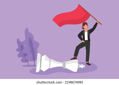 Cartoon flat style drawing businesswoman holding flag, defeat competitor business as winning chess game. Company strategy success using powerful move for advantage. Graphic design vector illustration