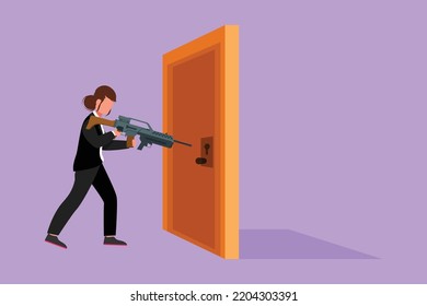 Cartoon Flat Style Drawing Businesswoman Pointing Shotgun At Doorknob. Business Breakthrough Struggle. The Power To Succeed Or Winning Competition. Open Closed Door. Graphic Design Vector Illustration