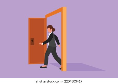 Cartoon flat style drawing businesswoman walking through an open door frame. New business ventures challenge. Entering new market competition. Career growth concept. Graphic design vector illustration