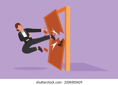 Cartoon Flat Style Drawing Businesswoman Kicks The Door With Flying Kick Until Door Shattered. Woman Kicking Locked Door. Business Metaphor Of Overcoming Obstacles. Graphic Design Vector Illustration