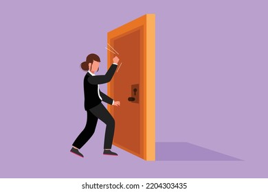 Cartoon flat style drawing businesswoman knocking at door. Manager standing at entrance of meeting room knocking door. Female in formal blazer is knocking at door. Graphic design vector illustration