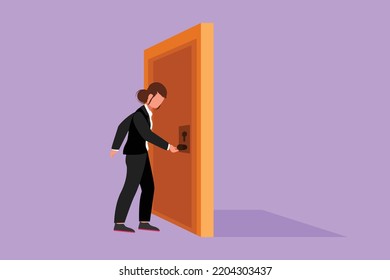 Cartoon flat style drawing businesswoman holding a door knob. Entering working room in office building. Female holding door knob to open door and enter work space. Graphic design vector illustration