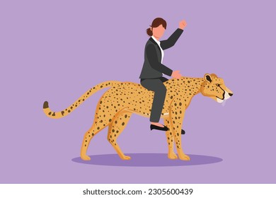Cartoon flat style drawing businesswoman riding cheetah symbol of success. Business metaphor and company brand concept, looking at the goal, achievement, leadership. Graphic design vector illustration