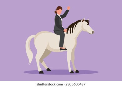 Cartoon flat style drawing businesswoman riding horse symbol of success. Business metaphor, looking at the goal, achievement, leadership. Professional entrepreneur. Graphic design vector illustration