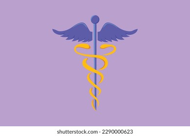 Dibujo de caricatura de tipo plana caduceus, centro médico, farmacia, hospital con símbolo popular de la medicina. Icono de atención médica, logotipo, etiqueta, etiqueta, tarjeta. Ilustración vectorial de diseño gráfico