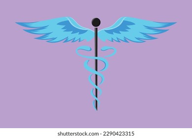 Cartoon flat style drawing of caduceus, medical center, pharmacy, hospital with popular symbol of medicine. Medical health care icon, logotype, label, sticker, card. Graphic design vector illustration