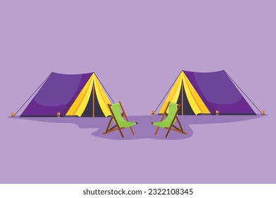 Cartoon flat style drawing camping landscape in campsite ground. Pair of tents with two chair in forest on grass. Summer camping on nature. Eco tourism logo, icon. Graphic design vector illustration