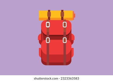 Cartoon flat style drawing camping backpack logo icon. Tourist retro back packs. Classic style hiking backpacks with sleeping bags. Camp and hike bags and knapsacks. Graphic design vector illustration