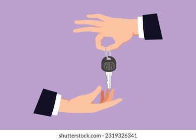 Cartoon flat style drawing car seller hand giving key and alarm system to buyer. Car rental for sale concept. Hand of car salesman manager holding key logo, symbol. Graphic design vector illustration