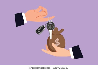 Cartoon flat style drawing of car rental or sale concept, logo, icon, template. Hand of agent hold car key, hand of buyer hold gold money bag. Buying or rental car. Graphic design vector illustration