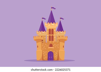 Cartoon flat style drawing castle in amusement park with three towers and flags on it. Fort that contains atmosphere in fairy tale. Palace where royal family lived. Graphic design vector illustration