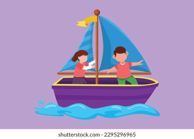 Cartoon flat style drawing cheerful little boy and girl in sailboat together. Happy kids sailing boat at small lake. Children on boat. Joyful adventures and travel. Graphic design vector illustration