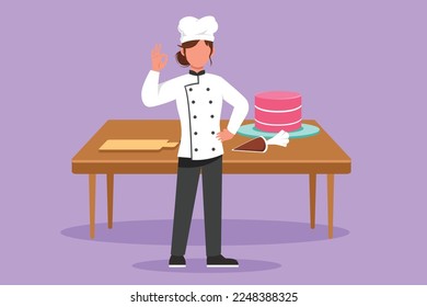 Cartoon flat style drawing chef standing with okay gesture and cooking uniform prepares ingredients to cook best dishes. Beautiful female chef with table and cake. Graphic design vector illustration