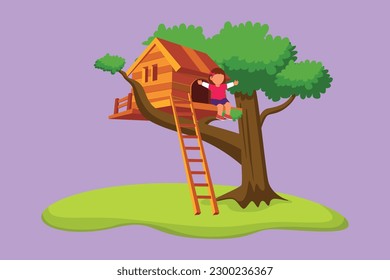 Cartoon flat style drawing of child on tree house. Pretty little girl playing on children playground. Treehouse with wooden ladder, place for kids games on summer. Graphic design vector illustration