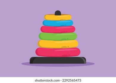 Cartoon flat style drawing of children plastic toys pyramid. Pyramid toys logo, icon, symbol. Kids children stackable ring toys. Children pyramid or pile rings toy. Graphic design vector illustration