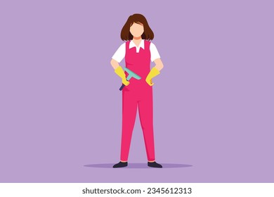 Cartoon flat style drawing of cleaning service with cool pose. Cleaning worker standing and enjoying working. Smiling beautiful female cleaning company staff member. Graphic design vector illustration