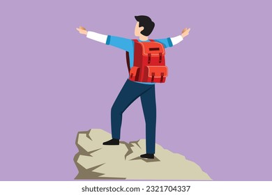 Cartoon flat style drawing climber man stands with arms outstretched on top of mountain. Winner motivational concept. Tourist with backpack. Traveler in summer rock. Graphic design vector illustration