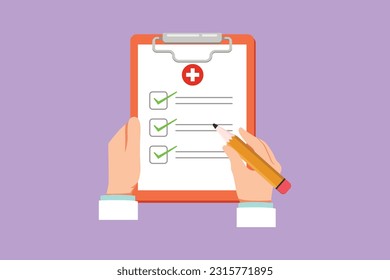Cartoon flat style drawing clipboard in hand doctor. Doctor takes notes in clipboard with pen or pencil. Medical report background. Patient care check list template. Graphic design vector illustration