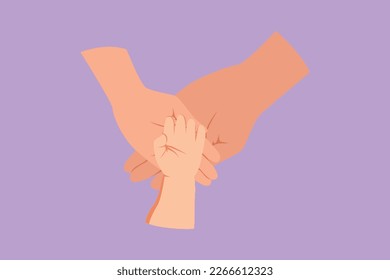 Cartoon flat style drawing close up adorable baby hands into parent hand  Tiny newborn babies and mom   dad hand  Happy family  father   mother and newborn  Graphic design vector illustration