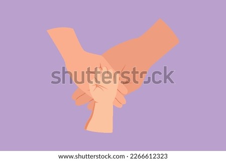 Cartoon flat style drawing close up of adorable baby hands into parent hand. Tiny newborn babies with mom and dad hand. Happy family, father and mother with newborn. Graphic design vector illustration