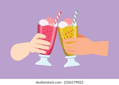 Cartoon flat style drawing close-up cropped view of people clinking with glasses of milkshake. Young romantic couple toasting with glass and drink sweet milkshake. Graphic design vector illustration