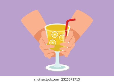 Cartoon flat style drawing cold lemonade with ice in male hand against the summer outdoor cafe or restaurant. Fresh detox vegetable orange juice. Healthy lifestyle. Graphic design vector illustration