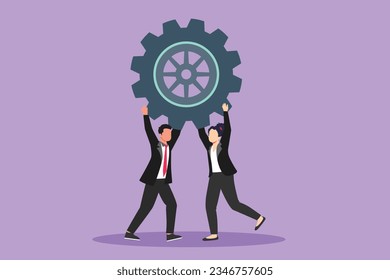 Cartoon flat style drawing of collaboration project. Active man and woman lifting gears. People working with cogs. Professional teamwork process cooperation concept. Graphic design vector illustration