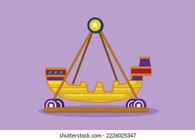 Cartoon flat style drawing colorful swing boat in amusement park which moved by engine to swinging. Playground that children like. Play on funfair outdoor festival. Graphic design vector illustration