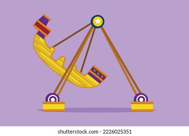 Cartoon flat style drawing colorful large swing boat in an amusement park driven by engine in outdoor land. Fun kids play on funfair festival. Popular extreme rides. Graphic design vector illustration