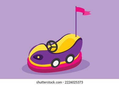 Cartoon flat style drawing colorful electric dodgem car in amusement park arena with flag on top of antenna. Happy childhood memories playing bumper car with friend. Graphic design vector illustration